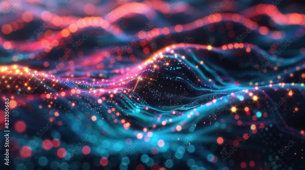 Poster a digital landscape with colorful pixelated particles representing the mysterious behavior of virtua