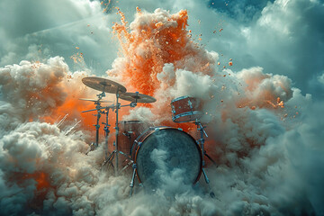 Drum set in puffs of smoke and clouds. Generative AI