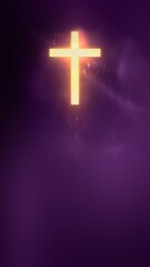 Fototapeta premium Liturgic violet purple particle background with golden Roman Church Crucifix. Christian Cross on ceremonial copy space 3D illustration. Mourning sermon on Lent, Penance, Absolution of the Departed.