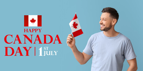 Happy young man with flag of Canada on blue background