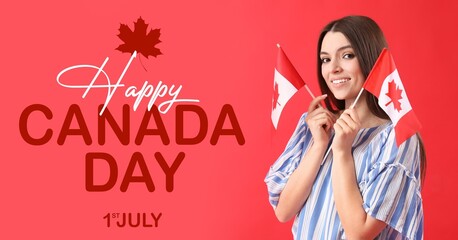 Happy young woman with Canadian flags on red background. Banner for Canada Day