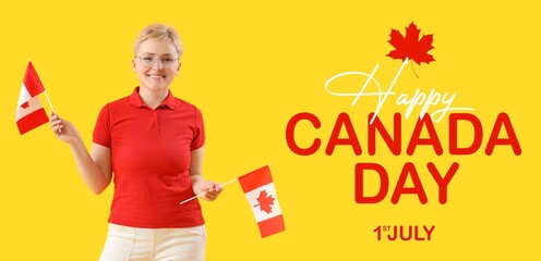 Happy young woman with Canadian flags on yellow background. Banner for Canada Day