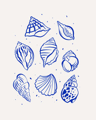 Set of blue seashells. Empty shells of different shapes: coils, spirals. Ancient mollusks on a light background. Fauna of the sea and ocean. Vector illustra􀆟on.