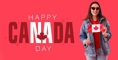 Happy young woman with Canadian flag on red background. Banner for Canada Day