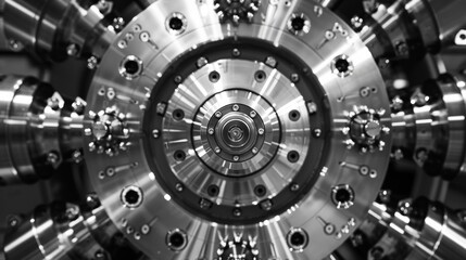 A black and white image of a particle detector highlighting the symmetrical composition of its design.