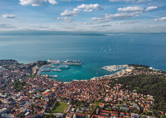 Summer aerial skyline cityscape of Split, Croatia. Wide panoramic view of the old town and port.