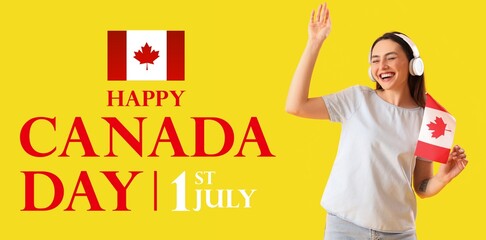 Happy young woman with Canadian flag on yellow background. Banner for Canada Day