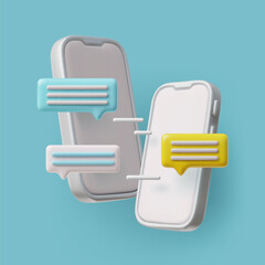 A vector illustration 3D smartphone icons with chat bubbles and SMS alert functions