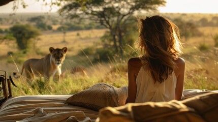 Woman Sitting on Bed Looking at Lion