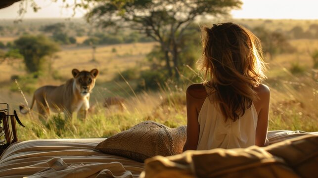 Woman Sitting on Bed Looking at Lion