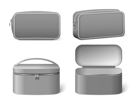 Portable cosmetic bag mockup side view realistic vector illustration set. Makeup pouch case with handle and zipper, travel suitcase for toiletry accessory empty blank template