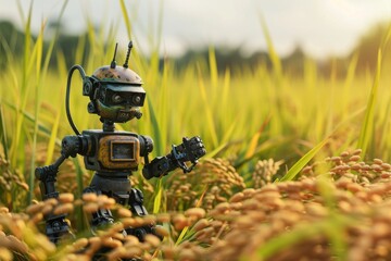  Modern Robot ,Robot in the rice field vintage style selective focus Robots farming, AI-generated