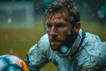 Focused soccer player holding ball in rain