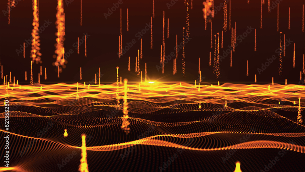Poster wave of particles. futuristic dots pattern on dark background. big data digital code. technology or 