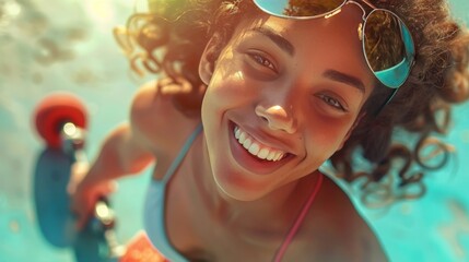 A woman is smiling and holding a skateboard