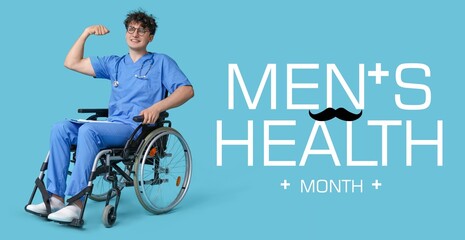 Fototapeta premium Banner for Men's Health Month with male doctor in wheelchair