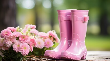 The gardener's pink rubber boots stand in a flower bed among flowering hyacinths, a red shovel for digging. The concept of seasonal spring works - Powered by Adobe