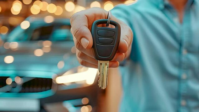 Unrecognizable car dealership sales agent handing buyer the key to the car behind him. Point of view of customer buying a brand new car. Zoom efect. Generative AI