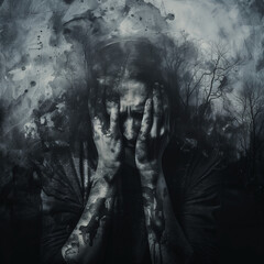 This haunting image portrays a person covering their face with hands, set against a dark, distressed backdrop with ghostly trees, symbolizing deep anguish and isolation.