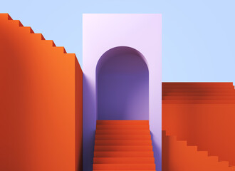 Minimal abstract scene with  stairways and arch. 3da background.