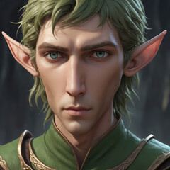 Green Hair High Elf RPG character style, tall person, video game fantasy race, blue eyes.