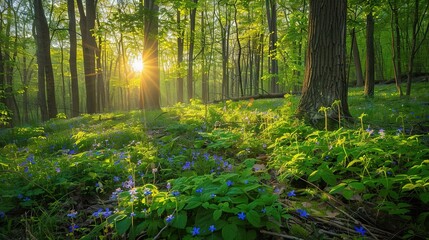 Obraz premium Sunlight filters through tree branches in a wooded area, showcasing vibrant wildflowers and bluebells in the foreground