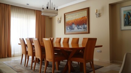 dining room, furniture and beige wall with poster frame generative ai