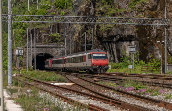 Trains and station in sunny spring hot morning in Iselle Italy 05 11 2024