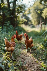 Fototapeta premium Three chickens are walking down a path in a field