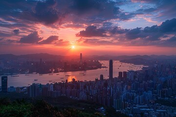 Obraz premium A captivating view where the sun's first light graces the skyline, illuminating the world in warm hues, signaling the start of a new day