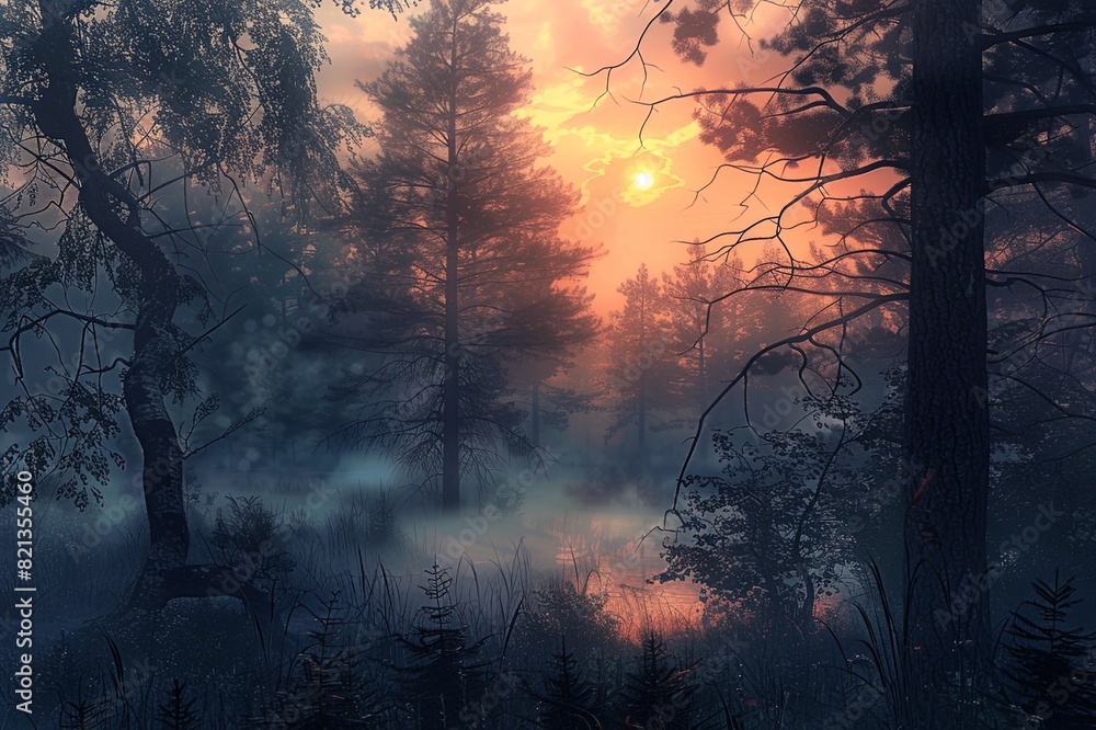 Poster as the first light of dawn filters through the trees and illuminates the landscape, there is a feeli