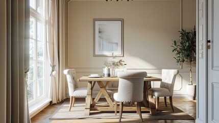 dining room, furniture and beige wall with poster frame generative ai