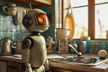 Fototapeta premium Robot assistants helping in household chores, Morden Robot AI generated