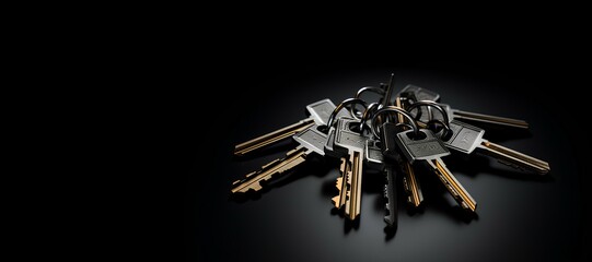 Different lock keys isolated on black. A bunch of keys on a dark background.