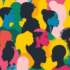 A colorful drawing of many people with different hair colors and styles