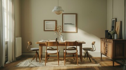 dining room, furniture and beige wall with poster frame generative ai
