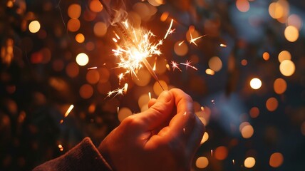 Closeup of a person's hand holding a sparkler, with the American flag and confetti in the blurred background, symbolizing individual freedom  - Powered by Adobe