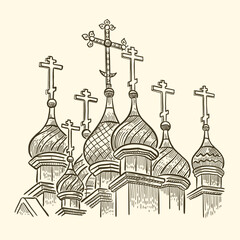 Orthodox domes with crosses on the temple. Orthodox religion. Vector illustration on a white background, sketch