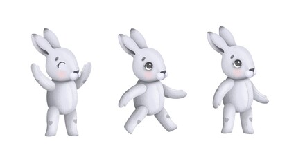 Watercolor illustration of a plush bunny in various poses and emotions. The illustration is perfect for creating your design and further printing on products, greeting cards, mugs, posters.