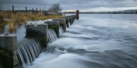 Row of pipes in the river, with water flowing out from them into the lake,
