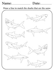 Shark Puzzle. Printable Activity Page for Kids. Educational Resources for School for Kids. Kids Activity Worksheet. Match Similar Shapes