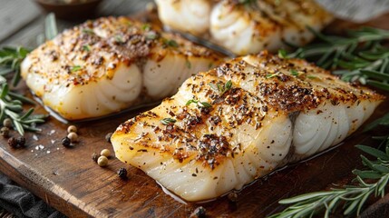 Image shows a delicious and healthy meal of baked cod loin with lemon and herbs