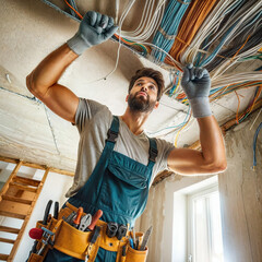 Electrician installing laying electrical cables on the ceiling inside the house created with generative ai