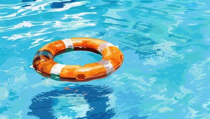Photo of an orange inflatable ring floating on the water surface, with clear and clean blue-green pool water