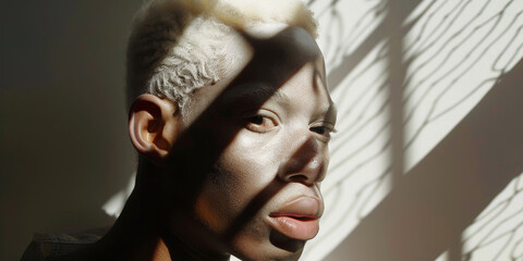 Portrait of a young African guy with white hair with a shadow from a window frame on his face.