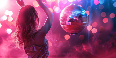 Dancing girl near a shiny disco ball on a smoky background with pink and blue light.
