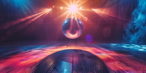 Spinning shiny disco ball on an empty dance floor with smoke and bright lighting.