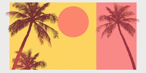 Silhouette of palm trees on a yellow and pink background. Blank summer sales promotion banner mockup.