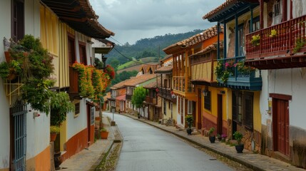 Fototapeta premium village street, showing the houses lined up along the road generative ai