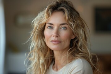 A woman with blonde hair and a tan shirt is smiling at the camera. She has a light makeup look on and her hair is styled in a way that makes it look voluminous.